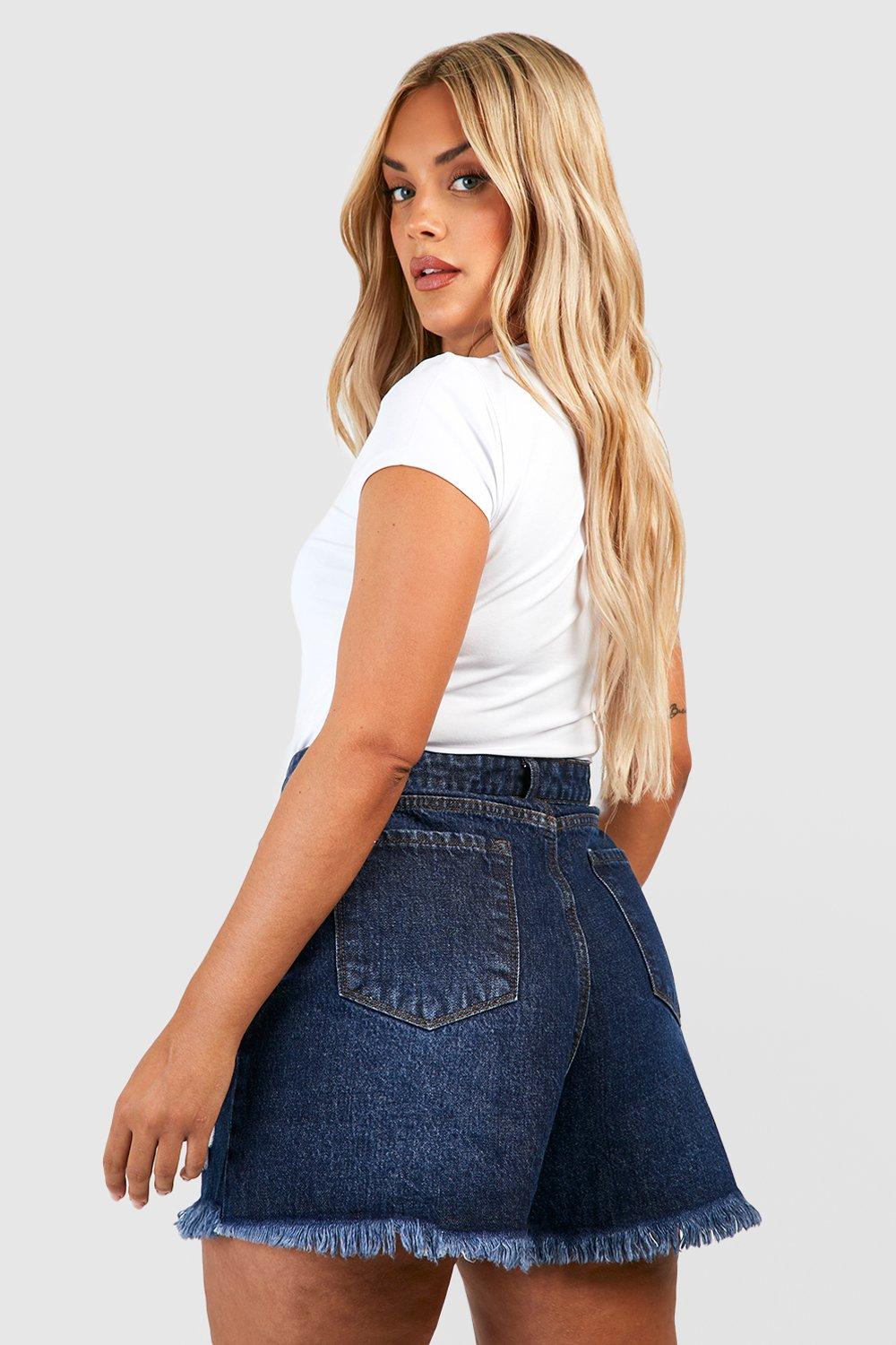 Women s Plus Ripped Hem Denim Shorts Boohoo UK